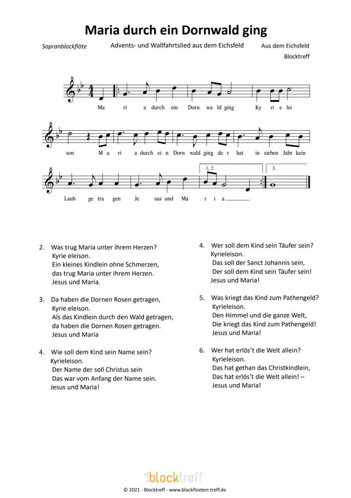 Maria durch ein Dornwald ging Melodie und Text