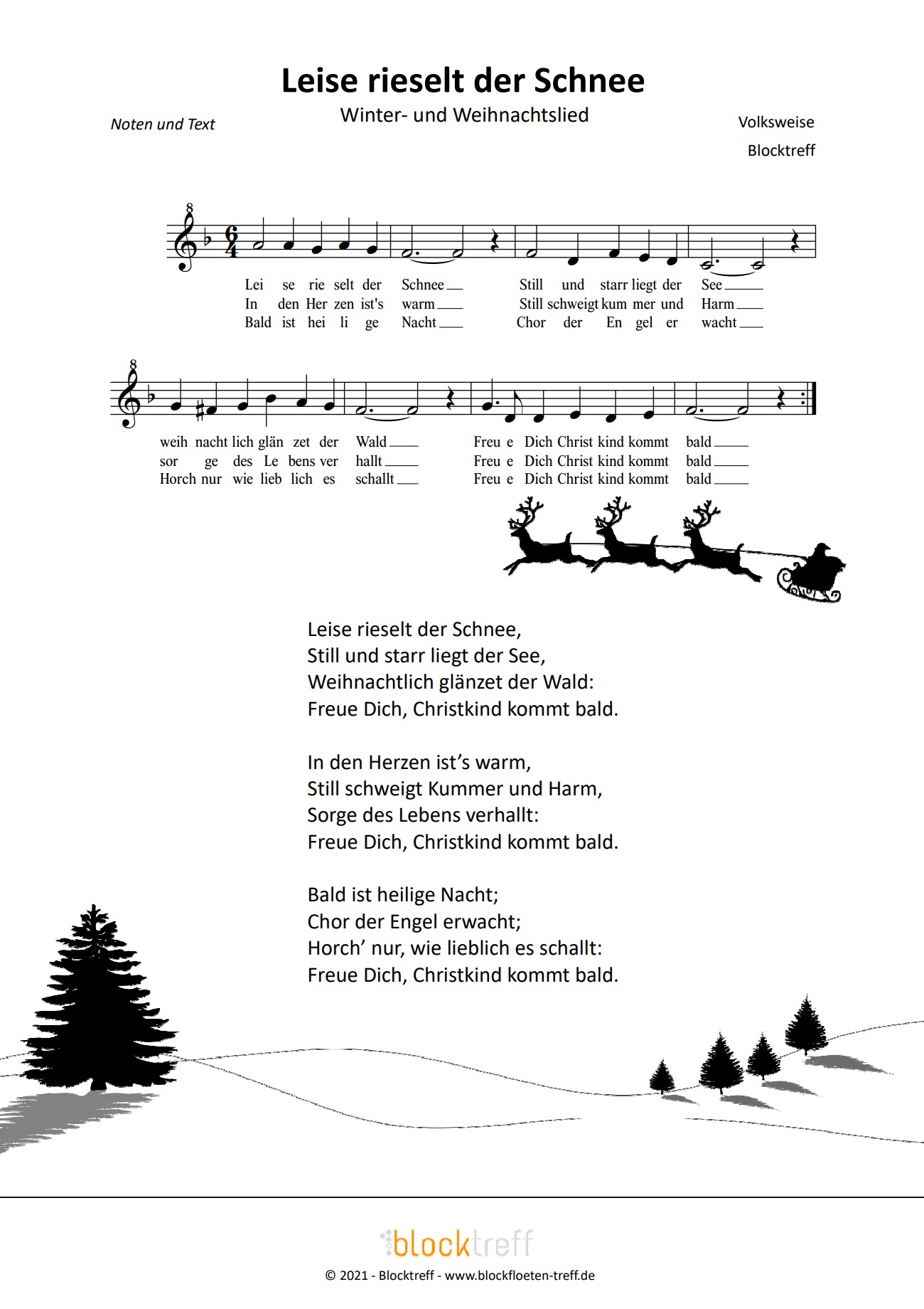 Leise rieselt der Schnee Noten für Blockflöte BlockflötenTreff