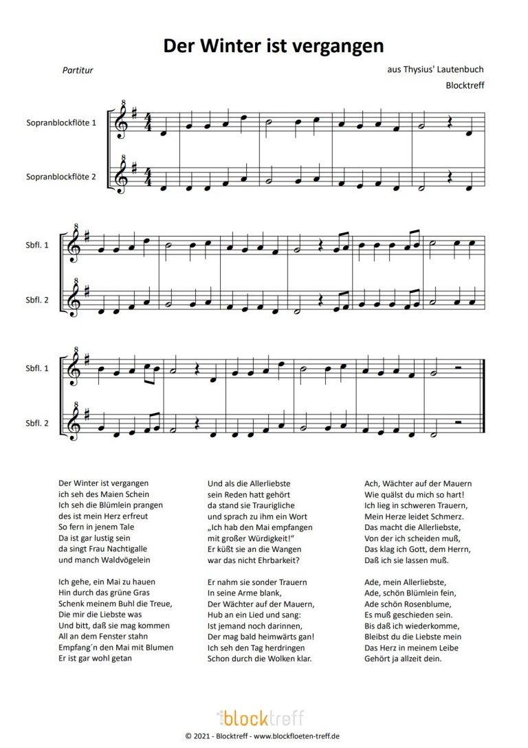 Der Winter Ist Vorüber Italienisch Text Der Winter ist vergangen Noten für Blockflöte - Blockflöten-Treff