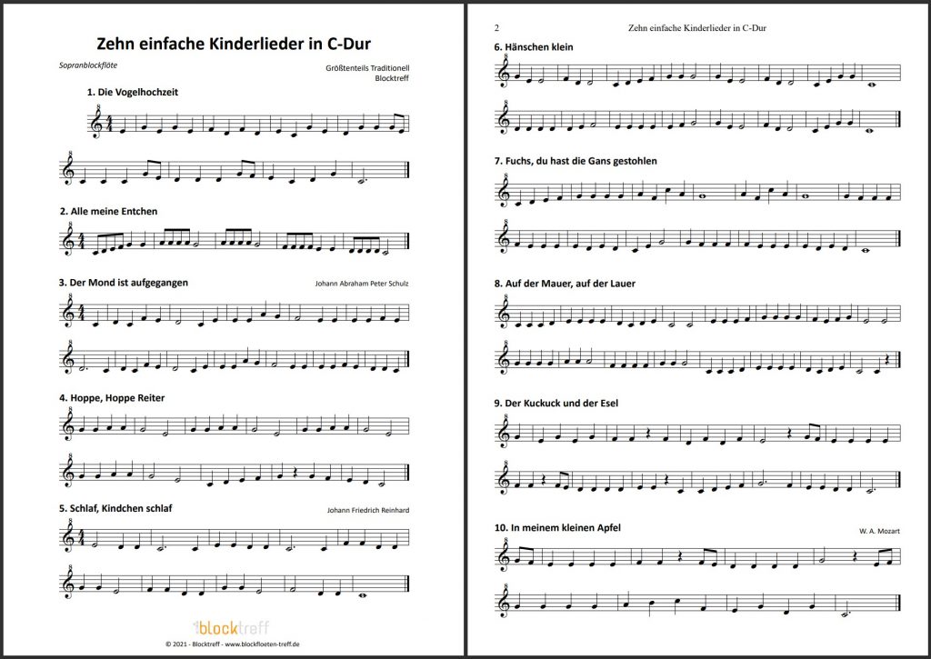 Einfache Kinderlieder für Blockflöte auf einem Blick