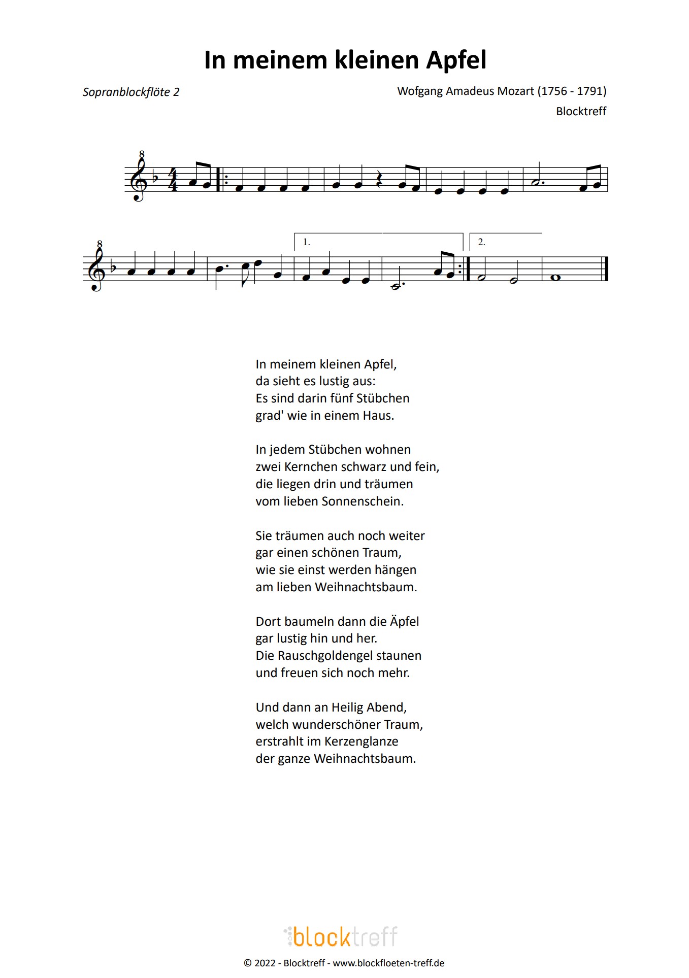 In meinem kleinen Apfel Text und Noten BlockflötenTreff