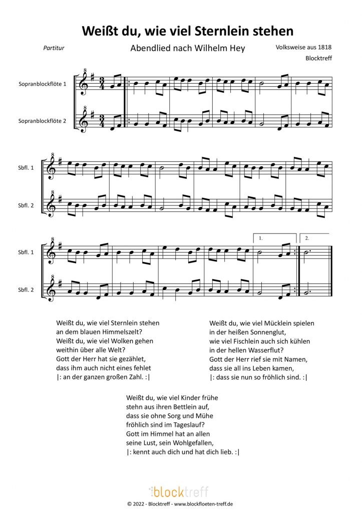 Duett Weißt Du wie viel Sternlein stehen - Partitur