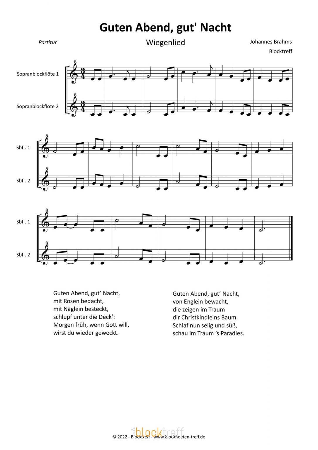 Guten Abend Gut Nacht Lied Guten Abend gute Nacht - Brahms Lullaby für 2 Blockflöten - Blockflöten