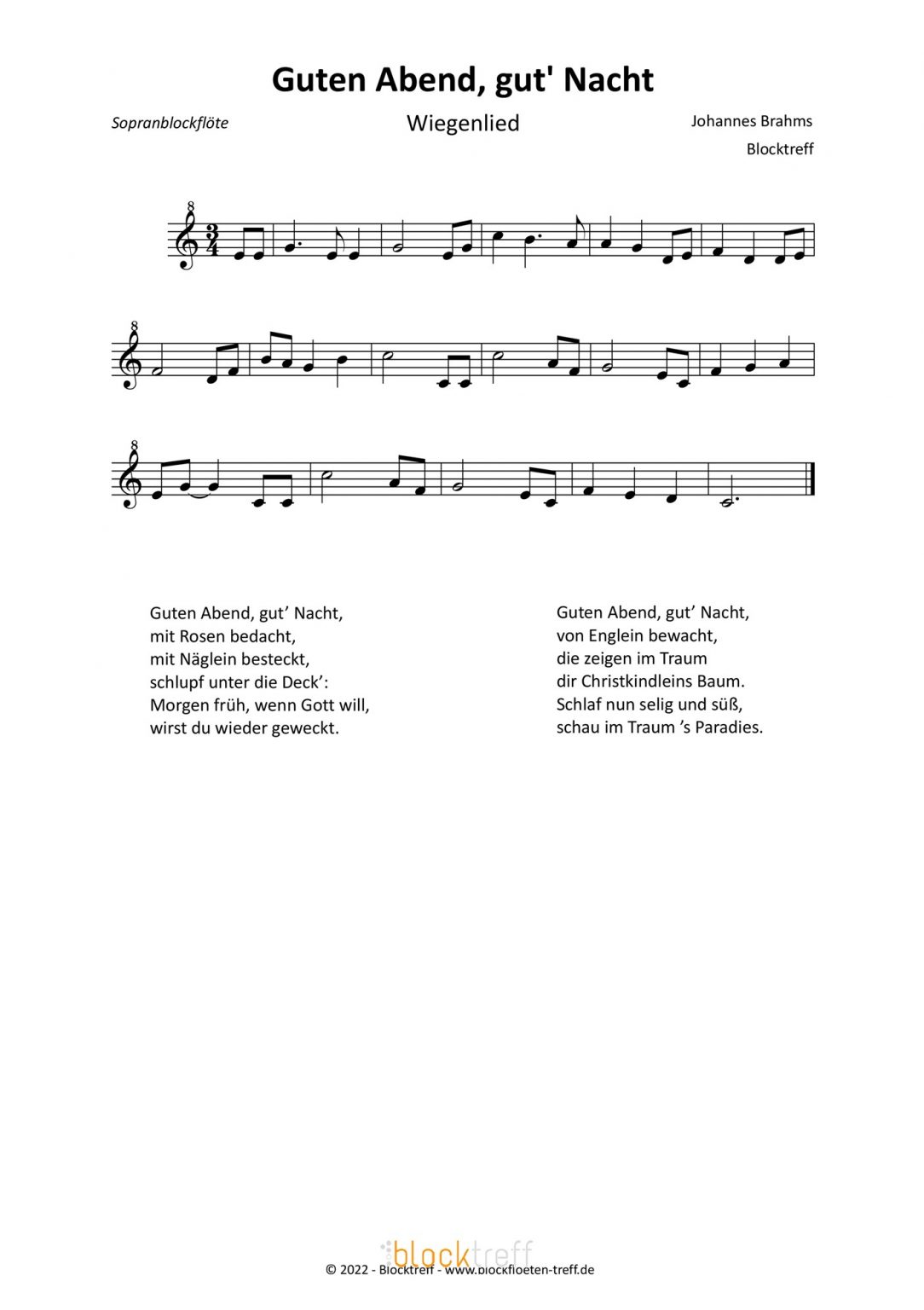 Guten Abend Schön Abend Noten Guten Abend gute Nacht - Brahms Lullaby für 2 Blockflöten - Blockflöten