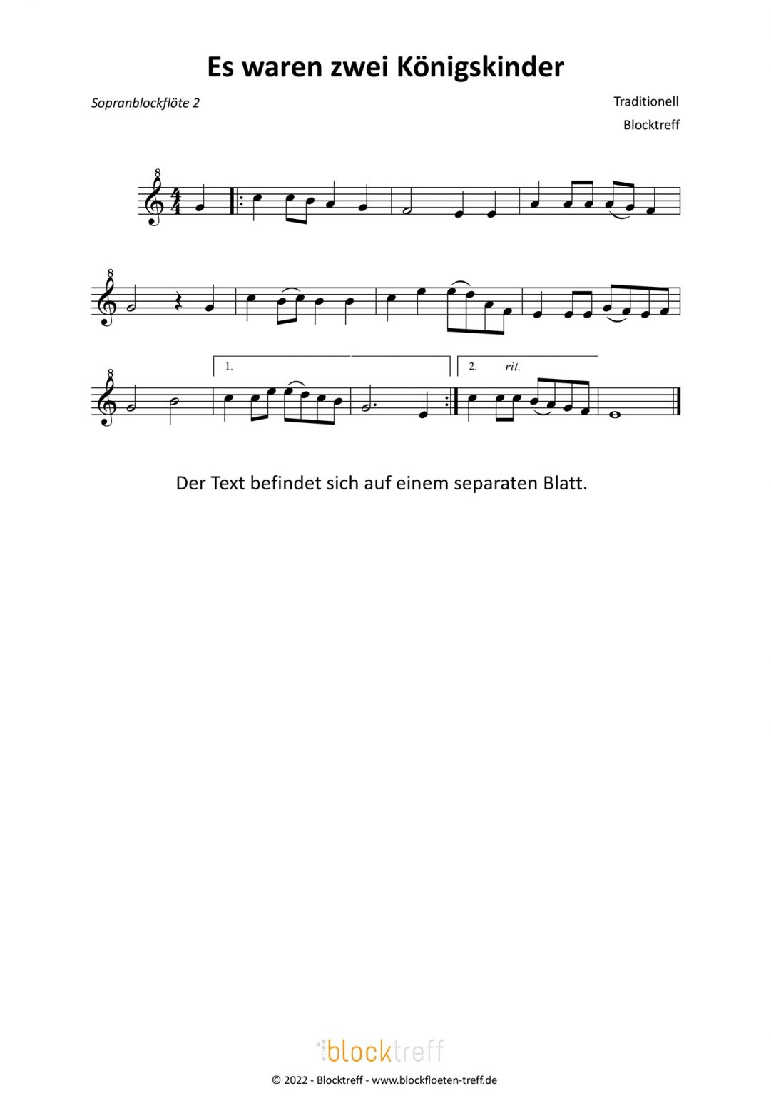 Es waren zwei Königskinder Text und Noten BlockflötenTreff