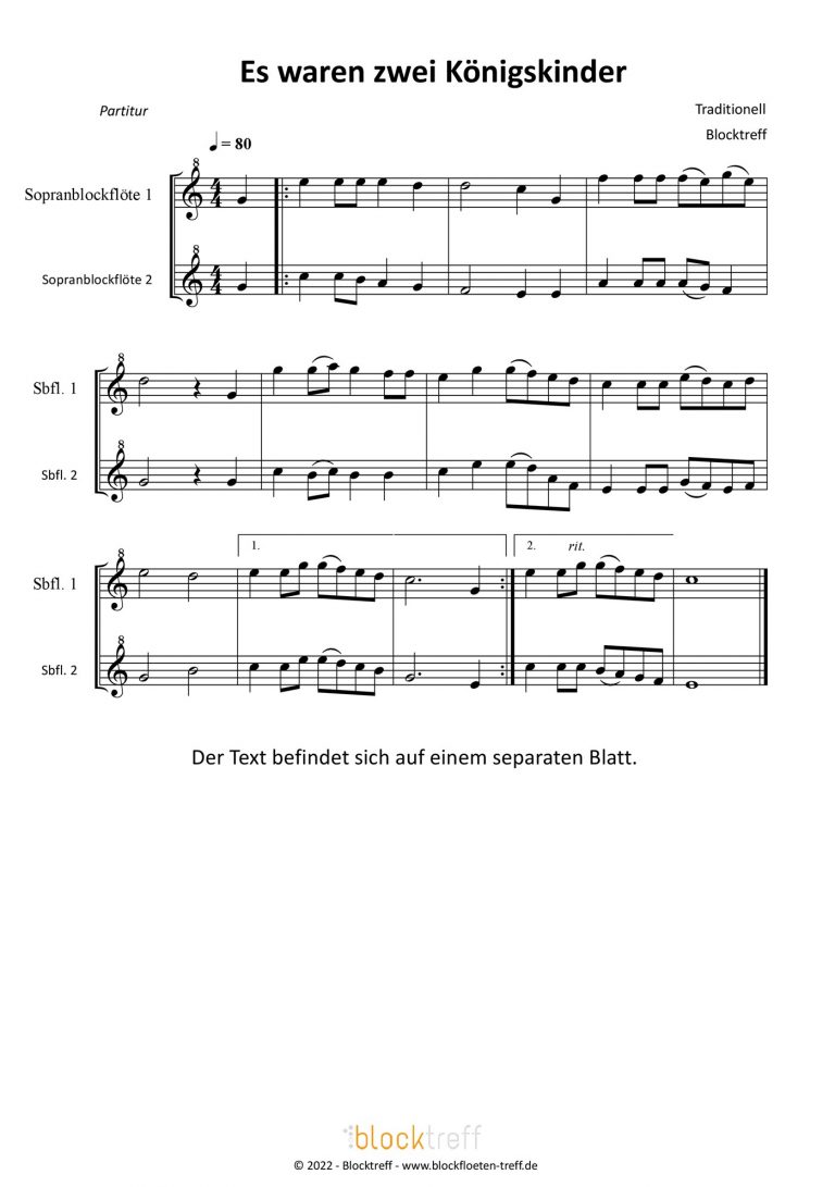 Es waren zwei Königskinder Text und Noten BlockflötenTreff